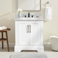 30  Single Solid Wood Bathroom Vanity Set, with Drawers, Carrara White Marble Top, 3 Faucet Hole