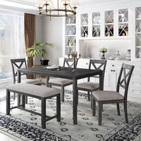 TREXM 6-Piece Kitchen Dining Table Set Wooden Rectangular Dining Table, 4 Dining Chair and Bench Family Furniture (Grey)